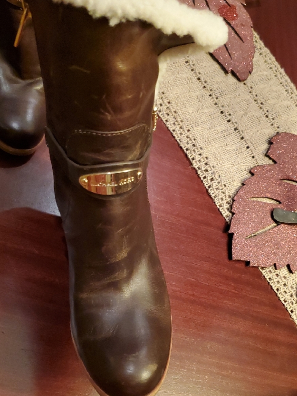 Michael Kors Women's Brown Leather Mid Calf 4in Heel Boots Shearling Distressed - Picture 6 of 15